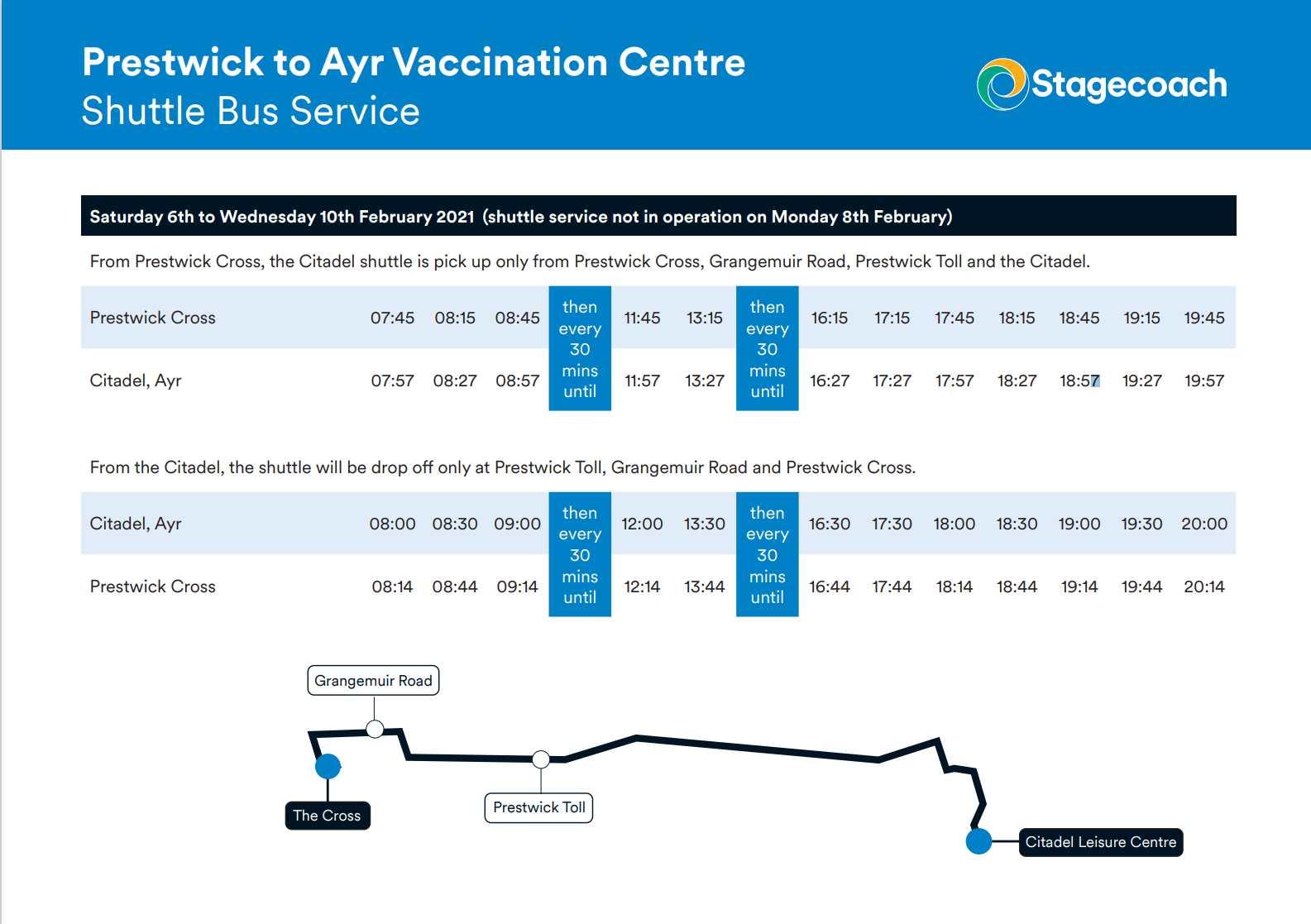 Shuttle bus timetable from Prestwick to Ayr Citadel (Vaccination Centre)