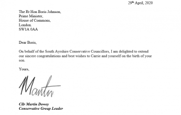 Letter from Martin Dowey congratulating Boris Johnson and Carrie Symonds on the birth of their son. 