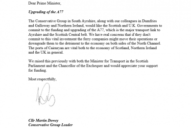 Letter from Martin Dowey to the Prime Minister on funding for the A77